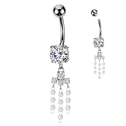 Prong Set CZ & Pearl Chandelier Dangle Belly Button Ring