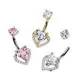 Internally Threaded Prong Set Heart CZ Belly Button Ring