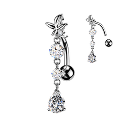 Flower & Teardrop CZ Dangle Top Down Reverse Belly Button Ring