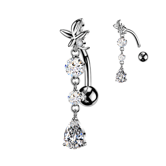 Flower & Teardrop CZ Dangle Top Down Reverse Belly Button Ring