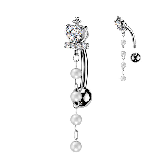 Cross & Heart CZ Crown Top Down Reverse Belly Button Ring