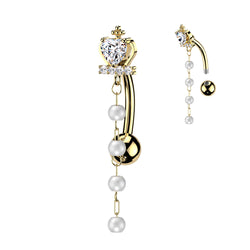 Cross & Heart CZ Crown Top Down Reverse Belly Button Ring