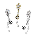 Cross & Heart CZ Crown Top Down Reverse Belly Button Ring