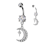 CZ Accented Crescent Moon & Star Dangle Belly Button Ring