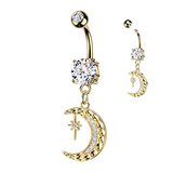CZ Accented Crescent Moon & Star Dangle Belly Button Ring