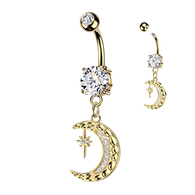 CZ Accented Crescent Moon & Star Dangle Belly Button Ring