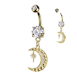 CZ Accented Crescent Moon & Star Dangle Belly Button Ring