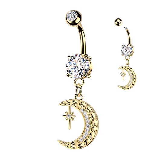 CZ Accented Crescent Moon & Star Dangle Belly Button Ring