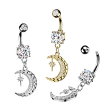 CZ Accented Crescent Moon & Star Dangle Belly Button Ring