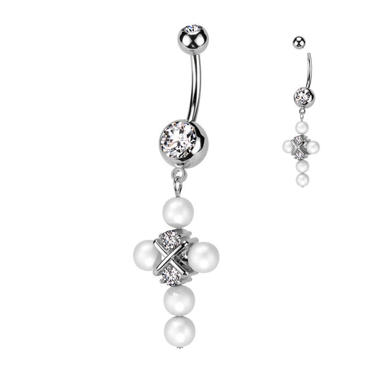 Pearl Cross CZ Dangle Double Jeweled Navel Belly Button Ring