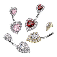 Double CZ Pave Around the Hearts Belly Button Navel Ring