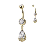 Pear CZ Floral Prong Set Dangle Double Jeweled Navel Belly Button Ring