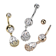Pear CZ Floral Prong Set Dangle Double Jeweled Navel Belly Button Ring
