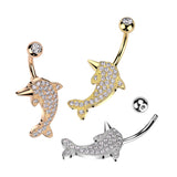 316L Surgical Steel Pave CZ Dolphin Belly Button Ring