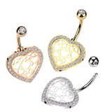 Hollow Heart Center and Pave CZ Belly Button Ring