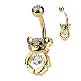 Pave CZ Hollow Bear With CZ Center Belly Button Ring