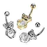 Pave CZ Hollow Bear With CZ Center Belly Button Ring