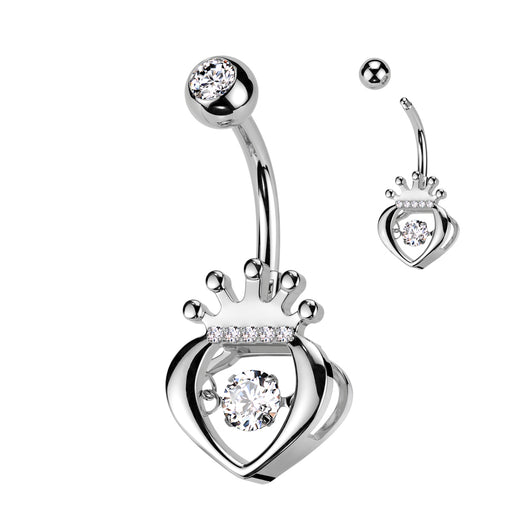 Hollow CZ Crown Heart With CZ Center Belly Button Ring