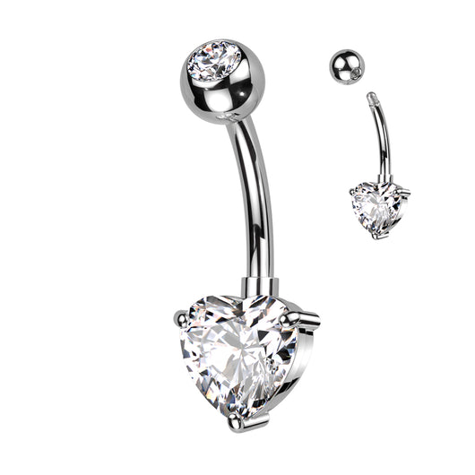 Implant Titanium Heart Prong Set CZ Belly Button Ring