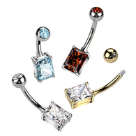 Implant Titanium Rectangle Prong Set CZ Belly Button Ring