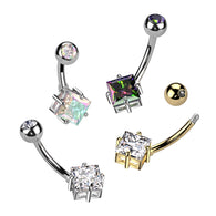 Titanium With CZ Top Ball & Diamond Prong Set CZ Belly Button Ring