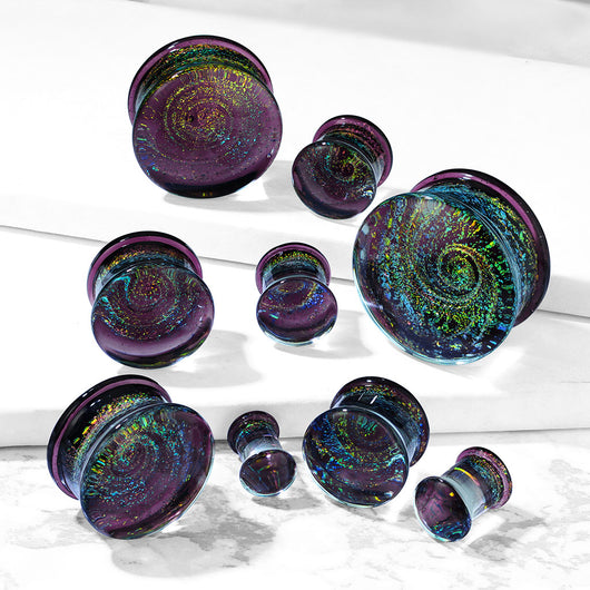 Pair Purple Galaxy Swirl Glass Double Flare Ear Plugs