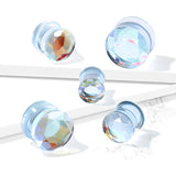 Pair Iridescent Glass Faceted Double Flare Ear Plugs