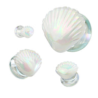1 Pc Iridescent White Shell Double Flare Glass Ear Plug