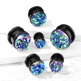 Pair Blue Druzy Stone Front Black Screw Fit Flesh Tunnels Ear Plugs