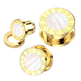 Pair Gold Roman Numeral With MOP Shell Screw Fit Flesh Tunnels Ear Plugs