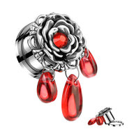 1 Pc Rose Flower Top & 3 Red Glass Dangle Screw Fit Tunnels Plugs