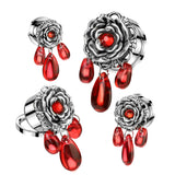 1 Pc Rose Flower Top & 3 Red Glass Dangle Screw Fit Tunnels Plugs