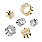 Pair All Brass Pave CZ Lined Double Flare Ear Tunnel