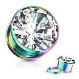 Pair Zircon Bezel Set Screw Fit Flesh Tunnel Ear Plugs