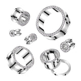 Pair CZ Lined Rim Surgical Steel Screw Fit Flesh Ear Tunnels Fr 10G To 1"