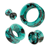 Pair Teal Black Turquoise Double Flare Stone Tunnel