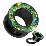 Pair Opal Glitter Rimmed Black Screw Fit Ear Tunnels Plugs