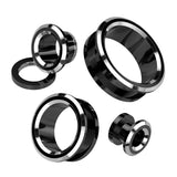 Pair Black And Silver 2 Tone Rim Screw Fit Ear Tunnels Plugs
