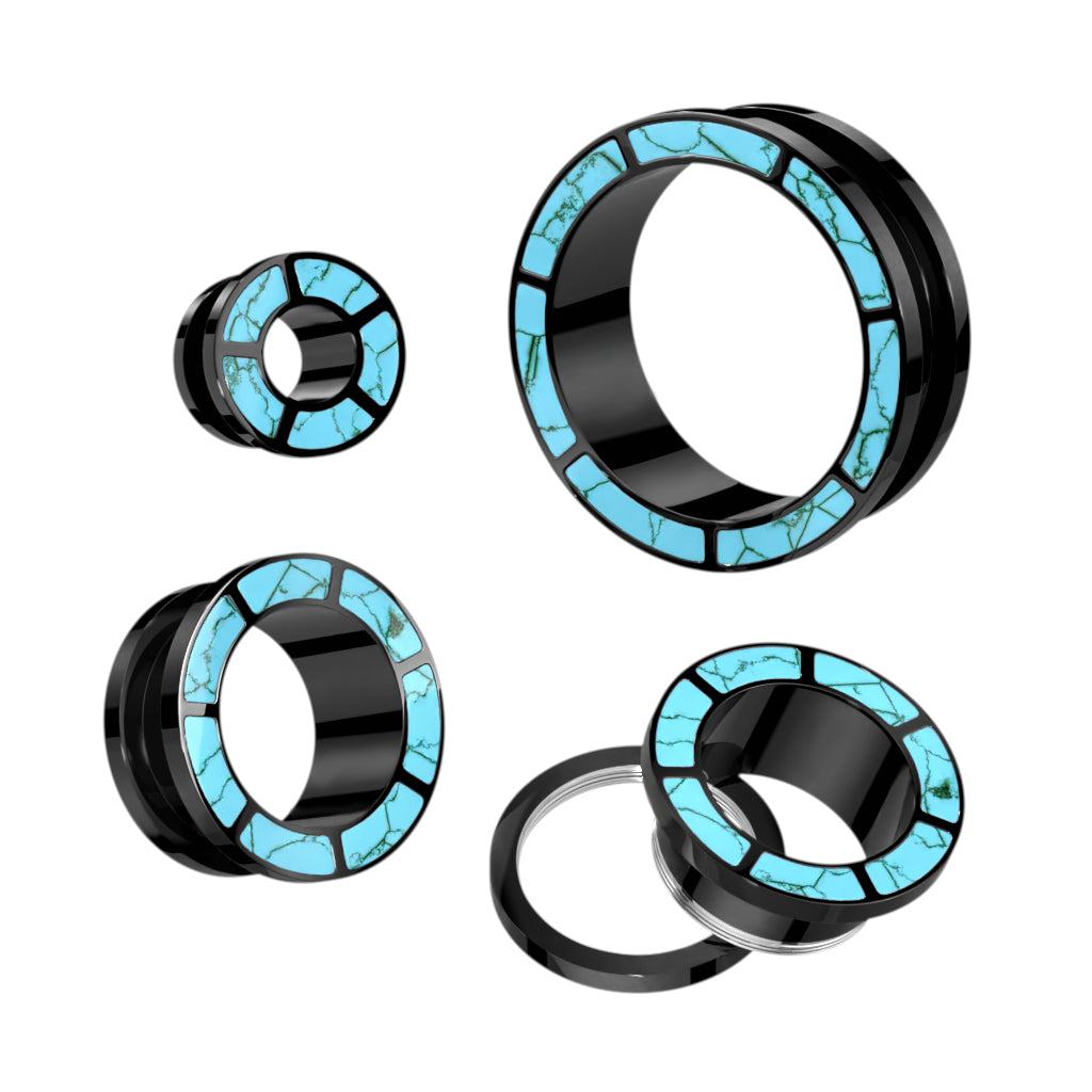 Pair Turquoise Rimmed Black Screw Fit Ear Tunnels Plugs ...