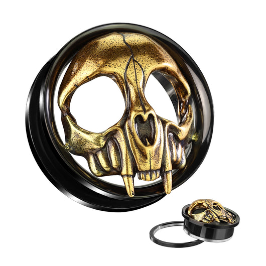 Pair Gold Skull Head Black Screw Fit Ear Tunnels Plugs