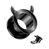 Pair Devil Horn Rim Black Screw Fit Ear Tunnels Plugs