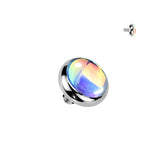 Titanium Internally Threaded Flat Bezel Iridescent Stone Dermal Anchor Top