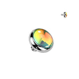 Titanium Internally Threaded Flat Bezel Iridescent Stone Dermal Anchor Top