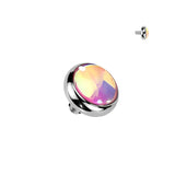 Titanium Internally Threaded Flat Bezel Iridescent Stone Dermal Anchor Top
