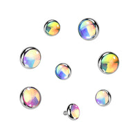 Titanium Internally Threaded Flat Bezel Iridescent Stone Dermal Anchor Top