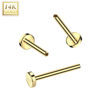 14K Solid Gold Threadless Push In Flat Back Lip Nose Stud Post 20G