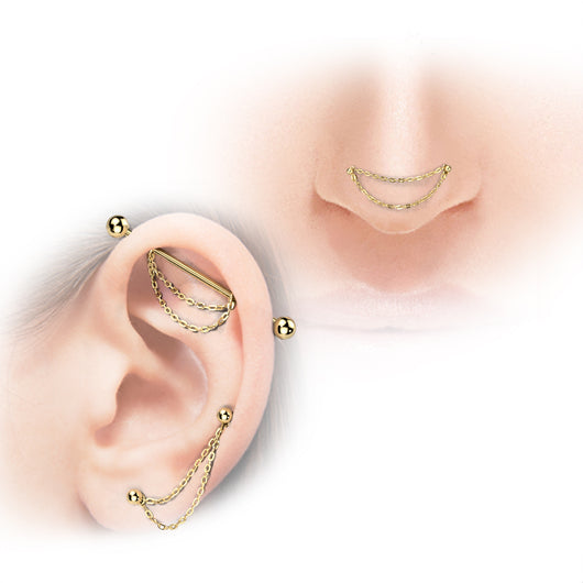 Titanium Nose Ear Double Chain Connector With 2 O-Ring