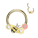 Bee & Flower & Pearl Hinged Hoop Segment Rings  Nose Septum Ear Cartilage