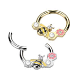 Bee & Flower & Pearl Hinged Hoop Segment Rings  Nose Septum Ear Cartilage