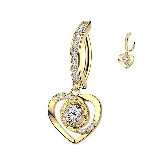 CZ Accented Heart Dangle Hinged Clicker Belly Button Ring